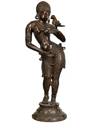 38" Large Apsara Idol with Parrot | Handmade Brass Figurine