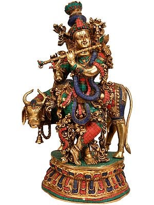 28" Large Size Fluting Krishna with His Cow In Brass | Handmade | Made In India