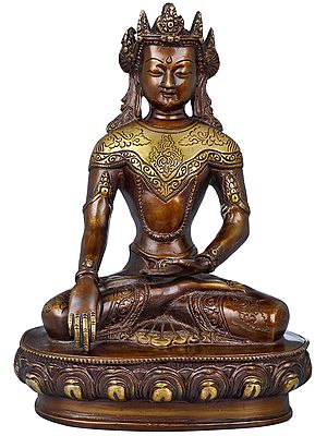 9" Tibetan Buddhist Deity Crowned Buddha in Bhumisparsha Mudra In Brass | Handmade | Made In India