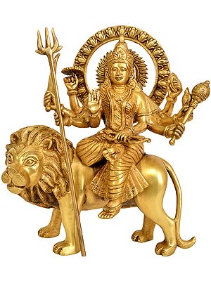 12" Goddess Durga Sitting on Lion In Brass | Handmade | Made In India