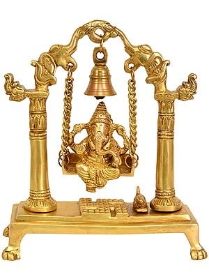 9" Lord Ganesha on a Swing with Bell Atop In Brass | Handmade | Made In India