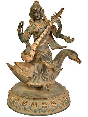 13" Goddess Saraswati Seated on Swan In Brass | Handmade | Made In India