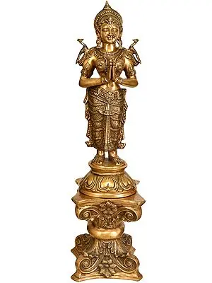 45" Beautiful Welcome Lady Doing Namaste on Brass Pedestal | Handmade Brass Statue | Made in India