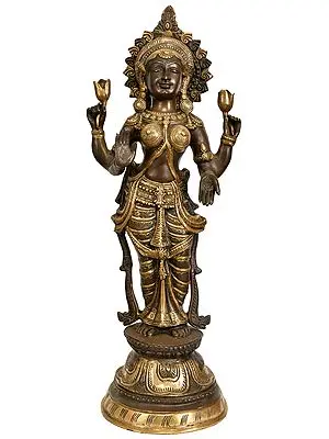 26" Four Armed Standing Lakshmi (Goddess of Wealth and Prosperity) In Brass | Handmade | Made In India