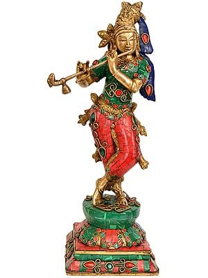 14" Lord Krishna Playing Flute In Brass | Handmade | Made In India