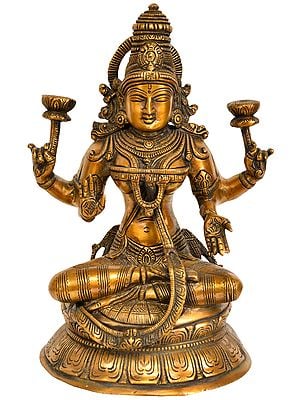10" Goddess Lakshmi Seated on Lotus In Brass | Handmade | Made In India