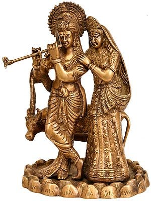10" Radha Krishna Idol with Cow | Handmade Brass Statue | Made in India