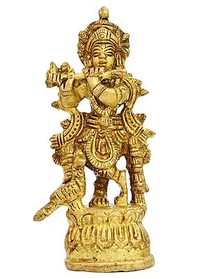 Small 3" Lord Krishna Playing on Flute In Brass | Handmade | Made In India