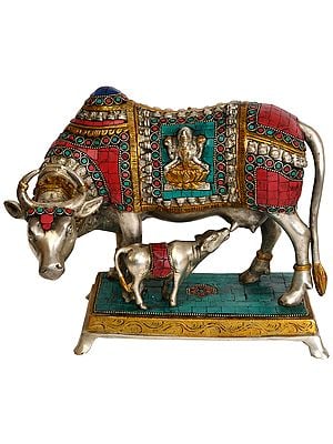 10" Inlay Cow and Calf (Over-Cloth Decorated with Lakshmi and ganesha) In Brass | Handmade | Made In India