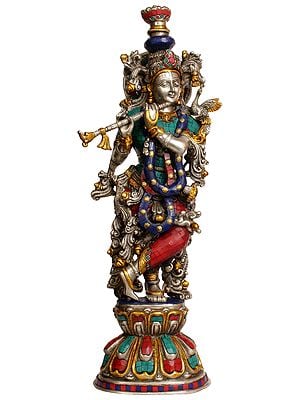 24" Brass Lord Krishna Statue Playing Flute | Handmade | Made In India