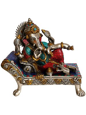 13" Relaxing Lord Ganesha Brass Statue with Inlay | Handmade | Made in India