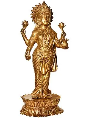 39" Goddess Lakshmi Standing on Lotus Pedestal (Large Size) In Brass | Handmade | Made In India