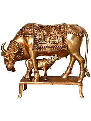 19" Cow and Calf - Saddle Decorated with Lakshmi Ganesha In Brass | Handmade | Made In India
