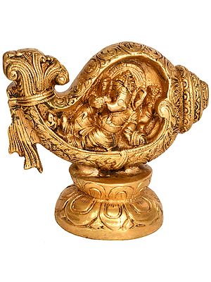5" Lord Ganesha Relaxing in Conch In Brass | Handmade | Made In India