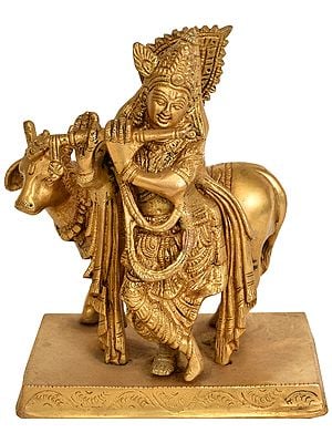6" Brass Lord Krishna Statue with His Cow | Handmade | Made in India