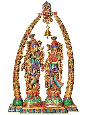 45" Large Size Radha Krishna with Arch Showing Krishna Leela In Brass | Handmade | Made In India