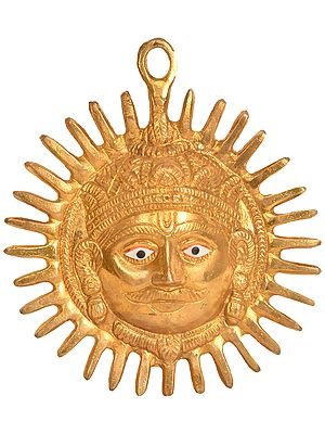 Glittering Golden-color Brass Handmade Vastu Wall Hanging of Sun God (Surya Bhagwan)