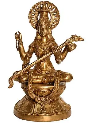 25" Large Size Goddess Saraswati Seated on Lotus In Brass | Handmade | Made In India