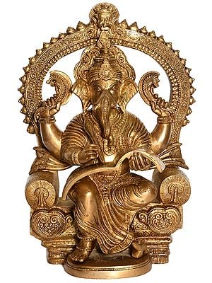 16" Lord Ganesha Writing the Mahabharata In Brass | Handmade | Made In India