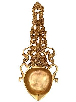 13" Ornamental Hand Held Ritual Diya In Brass | Handmade | Made In India