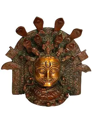 6" Lord Bhairava And A Multitude Of Snakes: Wall-Hanging Mask In Brass | Handmade | Made In India