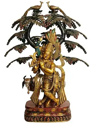 33" Peacock Krishna Under a Blooming Tree with Cow In Brass | Handmade | Made In India