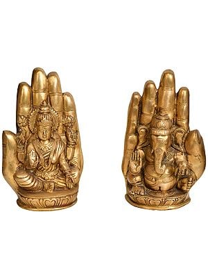 8" Lakshmi Ganesha in Hands (Set of Two Statues) In Brass | Handmade | Made In India