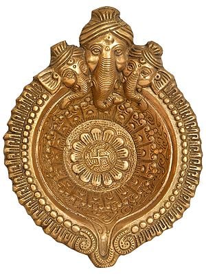 8" Tri-Mukha Ganesha Big Puja Diya In Brass | Handmade | Made In India
