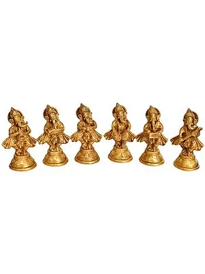 6" Musician Ganesha (Set of Six Statues) In Brass | Handmade | Made In India