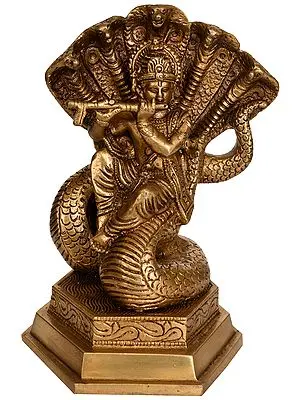8" Murlidhar Krishna Seated on Kaliya In Brass | Handmade | Made In India