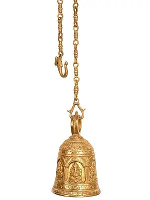 9" Lakshmi, Ganesha and Durga Temple Ceiling Bell In Brass | Handmade | Made In India