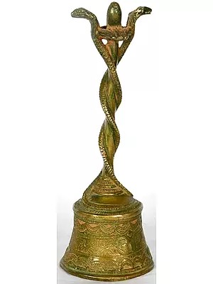 Handheld Puja Bell with Entwined Serpents and Shiva Linga