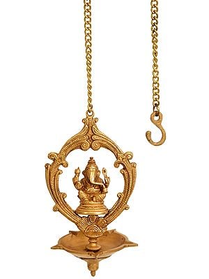 9" Five Wick Ganesha Ceiling Puja Lamp in Brass | Handmade | Made in India