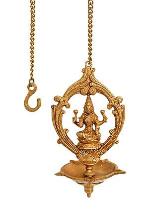 9" Five Wick Lakshmi Ceiling Puja Lamp In Brass | Handmade | Made In India