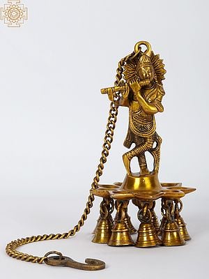 8" Brass Lord Krishna Roof Hanging Wick Lamp with Bells | Handmade | Made in India