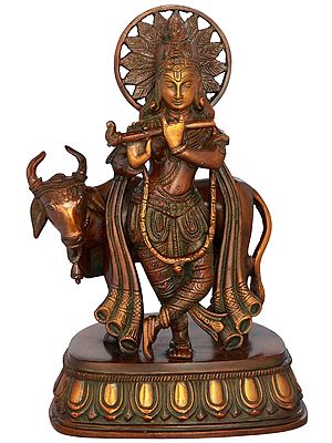 10" Krishna Idol with Cow | Handmade Brass Statue | Made in India