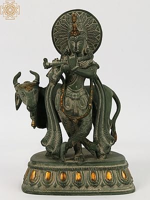 10" Krishna Idol with Cow | Handmade Brass Statue | Made in India