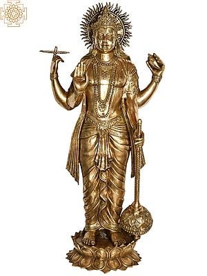 66" Haloed Chaturbhuja Vishnu, Of Lifelike Proportions In Brass | Handmade | Made In India