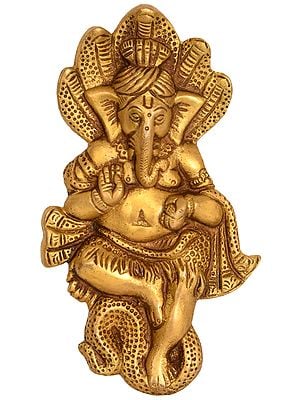 7" Beturbaned Ganesha Seated On A Serpent In Brass | Handmade | Made In India