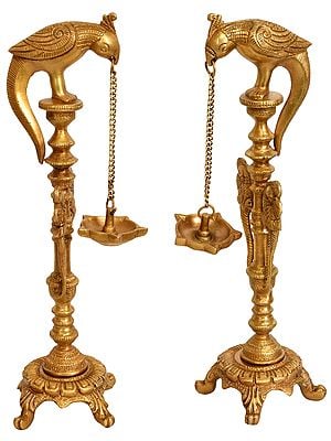 12" Pair of Five-Wick Parrot Hanging Lamp with Stand In Brass | Handmade | Made In India