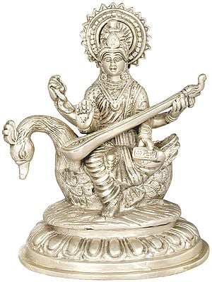 6" Goddess Saraswati Seated on Swan In Brass | Handmade | Made In India
