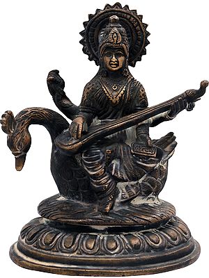 6" Goddess Saraswati Statue Seated on Swan In Brass | Handmade | Made In India