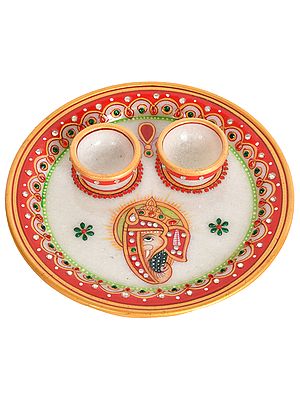 Marble Puja Plate with Two Attached Bowls