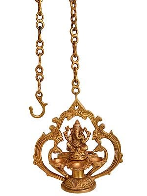 7" Lord Ganesha Hanging Five-wick Lamp In Brass | Handmade | Made In India
