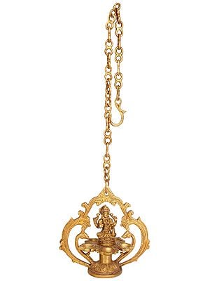 7" Goddess Lakshmi Hanging Five-wick Lamp In Brass | Handmade | Made In India