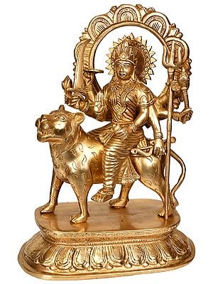 12" Goddess Durga Seated on Lion In Brass | Handmade | Made In India