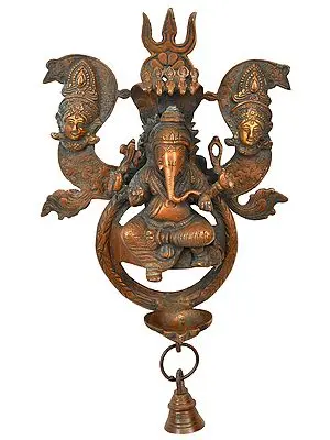 12" Lord Ganesha Wall Hanging Lamp with Trishul (Trident) and Parvati In Brass | Handmade | Made In India