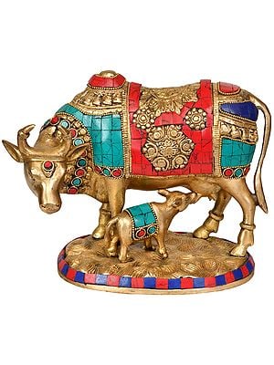 8" Cow and Calf Brass Statue - Most Sacred Animal of India | Handmade | Made in India