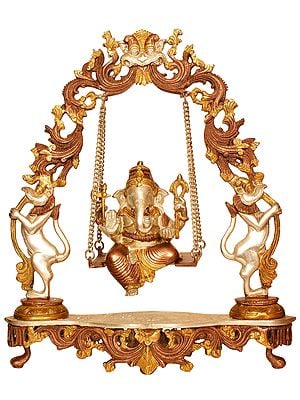 18" Lord Ganesha Statue on a Swing with Kirtimukha atop in Brass | Handmade | Made in India