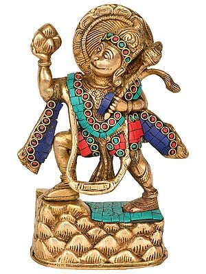 7" Lord Hanuman Brass Idol Lifting the Sanjivani Mountain | Handmade | Made In India